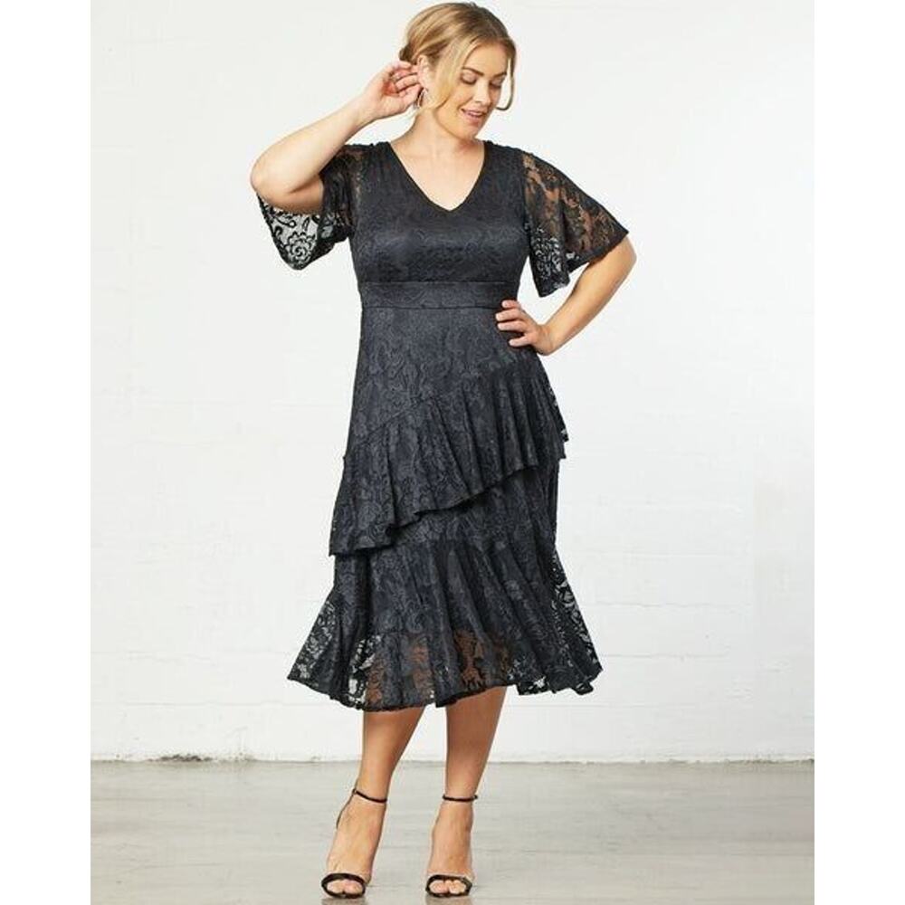 Kiyonna Women Dress Solid Black 1X Lace Affair Style Flounce Flutter Sleeve Sexy